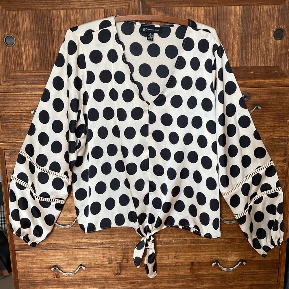 INC International Concepts Black and Cream Polka Dot Blouse with Puff Sleeves